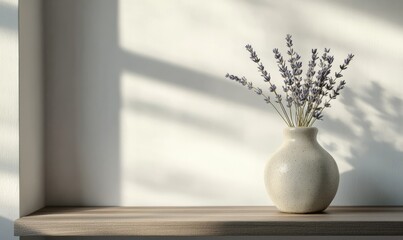 Handmade pottery vase filled with dried lavender sprigs, placed on a minimalist wooden shelf with natural light enhancing the simplicity.