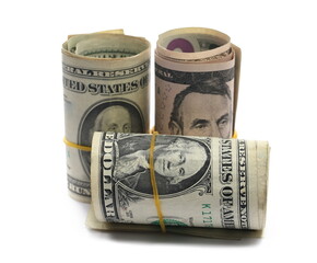 Bundles of various rolled up american dollar bills, banknotes, cash money rolls set isolated on...