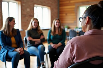 A group of diverse women engaging in a thoughtful discussion during a workshop, fostering creativity and collaboration in a serene, rustic setting.
