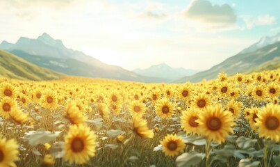 Obraz premium Golden sunflower fields stretching endlessly under a bright summer sky, symbolizing joy and positivity.