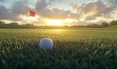 Golf ball perfectly positioned on a manicured course with the flag in the distance, bathed in the soft light of a setting sun, symbolizing precision and relaxation.