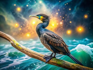 Obraz premium Surreal Cormorant: Black Feathers, Yellow Beak, Dreamlike Coastal Scene