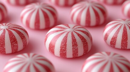 Close-up of peppermint candies featuring red