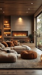 Fototapeta premium Cozy living area modern fireplace high resolution hd photo