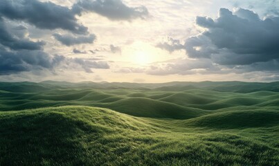Fototapeta premium Scenic countryside with rolling green hills under a dramatic cloudy sky, creating a picturesque and peaceful rural view.