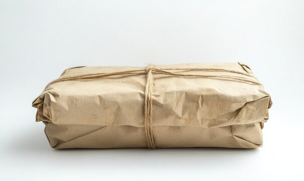 Wrapped parcel tied with twine ready for shipping on a white background showcasing simple and eco-friendly