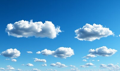 A clear blue sky with glowing white cumulus clouds. The sun is high at midday. A sweeping, dramatic cloudscape.