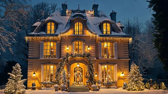 French style house decorated and illuminated for Christmas and New Year. City mansion in winter park covered with snow 