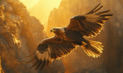 Majestic eagle soaring above a rocky canyon with its wings fully spread, golden light from the setting sun highlighting its feathers, powerful freedom.