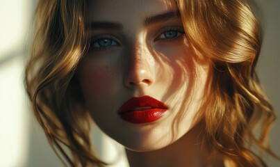 Fototapeta premium Close-up portrait of a confident woman with bold red lipstick and wavy hair, warm sunlight casting soft shadows, enhancing her striking feature