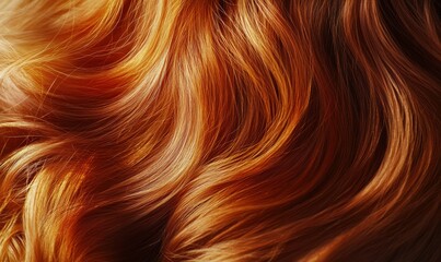 Close-up of wavy red and orange hair glowing under soft natural light, vibrant tones blending smoothly, rich and luxurious texture