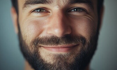 Fototapeta premium Close-up portrait of a young man with a beard smiling confidently, soft ambient light creating a natural and approachable vibe, clean and sharp