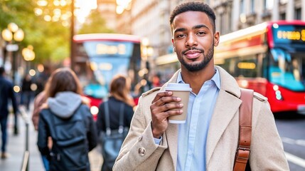 Obraz premium Generative AI, Morning Commute with Coffee in the City