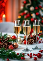 A table adorned with christmas decorations including a bunch of ornaments and pine cones alongside three champagne glasses the scene for holiday celebrations and toasting bokeh red bokeh abstract back