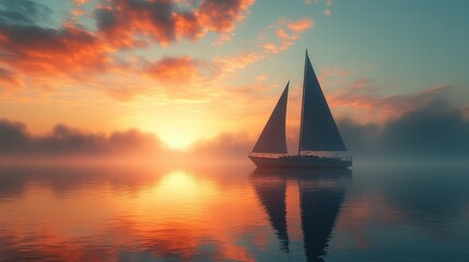 Sleek sailboat anchored in serene bay with vibrant sunset and calm waters