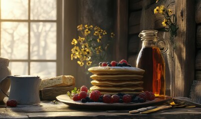 Rustic breakfast table featuring golden pancakes, fresh berries, and warm syrup, creating a wholesome and comforting morning vibe
