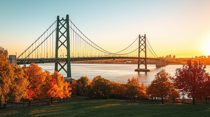 Fototapeta premium Iconic bridge in fall at sunset over water, beautiful light, travel background