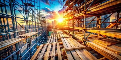 Surreal High-Angle View: Precarious Wooden Scaffolding Over Construction Site