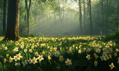 Obraz premium Spring meadow filled with daffodils blooming vibrantly under a gentle morning sun, with a misty forest visible in the background.