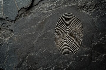 Engraved fingerprint impression on a fractured slab of dark stone