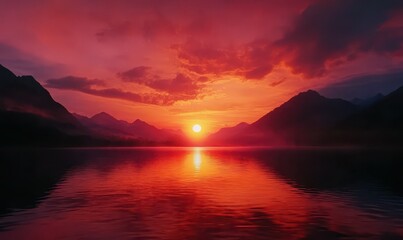 Fototapeta premium Stunning sunset with deep hues of red and orange, reflecting across a calm lake with mountain silhouettes.