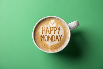Happy monday latte art in coffee cup on green background for a fresh and warm start to the day with positive vibes and morning energy