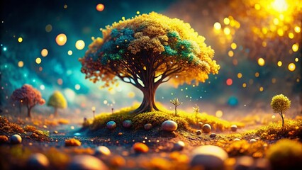 Surreal Miniature Gold Leaf Tree, Tilt-Shift Fantasy Landscape