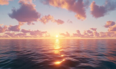 Obraz premium Vibrant sunset over a serene ocean horizon with soft golden reflections, scattered clouds glowing in shades of orange and pink.