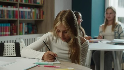 Caucasian girl teen kid child pupil student high school education portrait smiling positive schoolgirl daughter teenager looking at camera writing task at desk classroom studying in library schoolwork