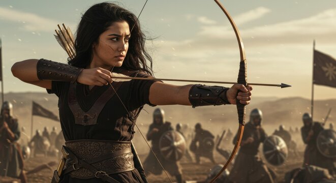 A young women of sarencen, with a bow in a battlefield
