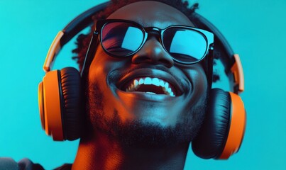 Energetic man in large headphones, beaming close-up under vibrant teal background, pop culture vibe with contemporary audio style.