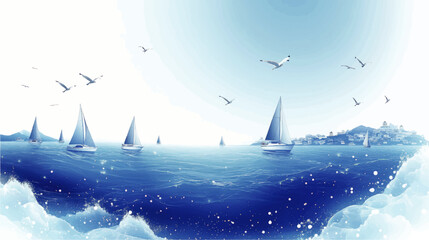 Serene Ocean Vector with Sailboats and Seagulls, Idyllic Coastal Village Scene, Blue Waves, Nautical Illustration, Perfect for Seaside-Themed Designs