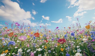 Lush springtime meadow filled with colorful wildflowers under a vibrant blue sky, styled to evoke joy and natural beauty