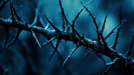 Close-up of sharp and detailed thorns in cinematic photography. Rough textured thorns and natural beauty of the defensive form.