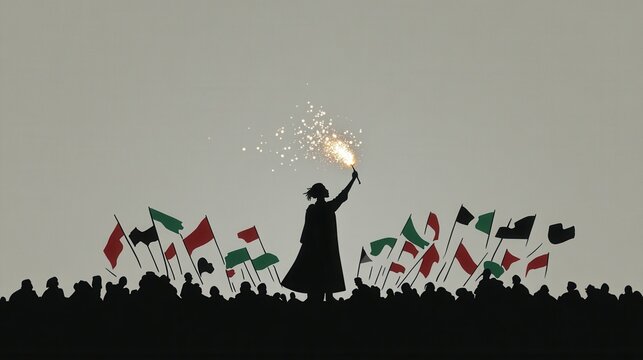 Silhouette of a figure with a sparkler surrounded by waving flags.