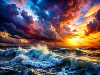 Naklejka premium Surreal Seascape: Stormy Ocean with Twisted Waves and Ethereal Light