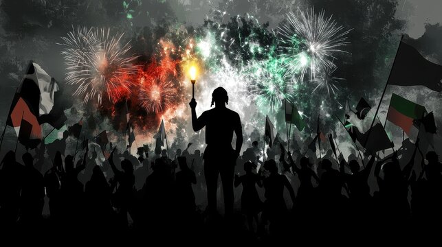 Crowd celebrating with fireworks and flags at a festive event.