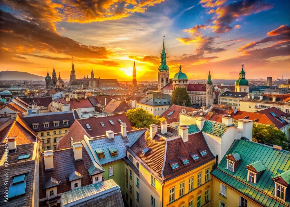 Wall mural Surreal Summer Vienna Rooftop Panorama: Austrian Capital's Central Districts at Dawn