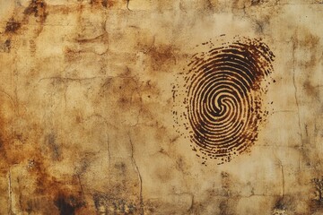 Burned fingerprint on aged cracked and stained paper surface