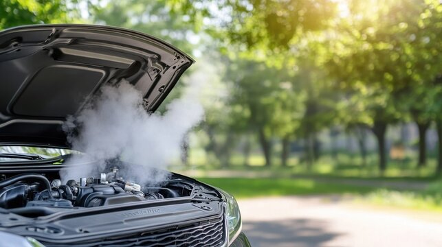 Overheated car engine emitting smoke, hood open in a park setting on a sunny day.