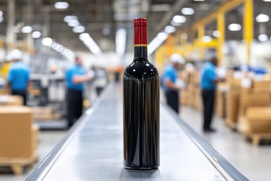 A wine bottle with a red cap on a conveyor belt, in a factory with blurred workers in the background.