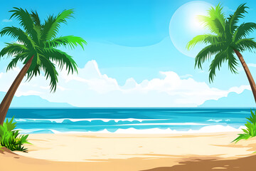 Obraz premium Beautiful tropical beach with palm trees and blue sky on a sunny day
