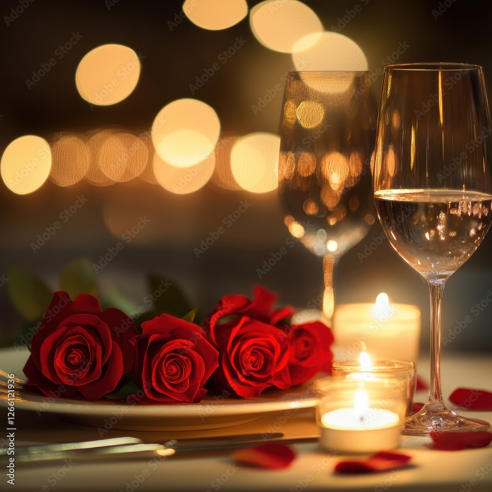 Poster romantic dinner setting with red roses and candles creating a cozy ambiance for a special evening. g