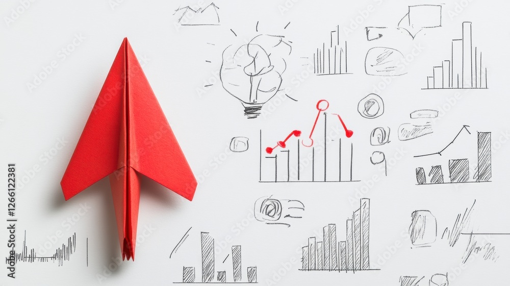 Aufkleber Red paper plane symbolizes business strategy and innovation for success with analytical charts on white background. Generative AI