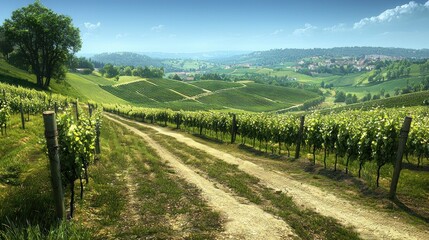 Naklejka premium Scenic vineyard landscape, dirt path through rolling hills, village in distance, sunny day