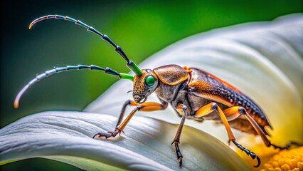 Naklejka premium Taiwan Longhorn Beetle Macro on Calla Lily - Exquisite Insect & Flower Closeup