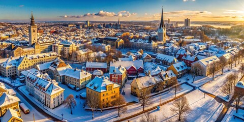 Obraz premium Tallinn Kopli District Aerial: Renovated Buildings, Sunny Winter Snow
