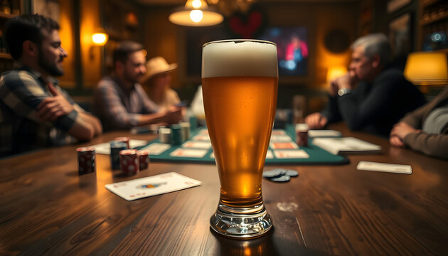 Copo de cerveja gelada com espuma cremosa em bar animado com cartas e jogo de poker ao fundo