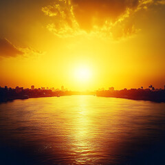 Obraz premium Golden sunset over a wide river, with a city skyline silhouetted on the horizon, reflecting light across the water.