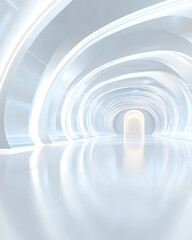 Obraz premium Bright, white corridor with smooth reflective floors and curved, illuminated architectural features leading to a distant doorway.